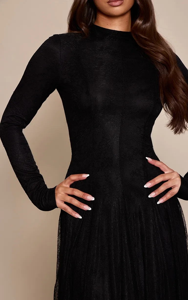 Black Lace Boat Neck Long Sleeve Godet Maxi Dress - 3