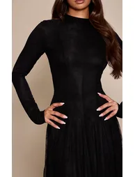 Black Lace Boat Neck Long Sleeve Godet Maxi Dress - 3