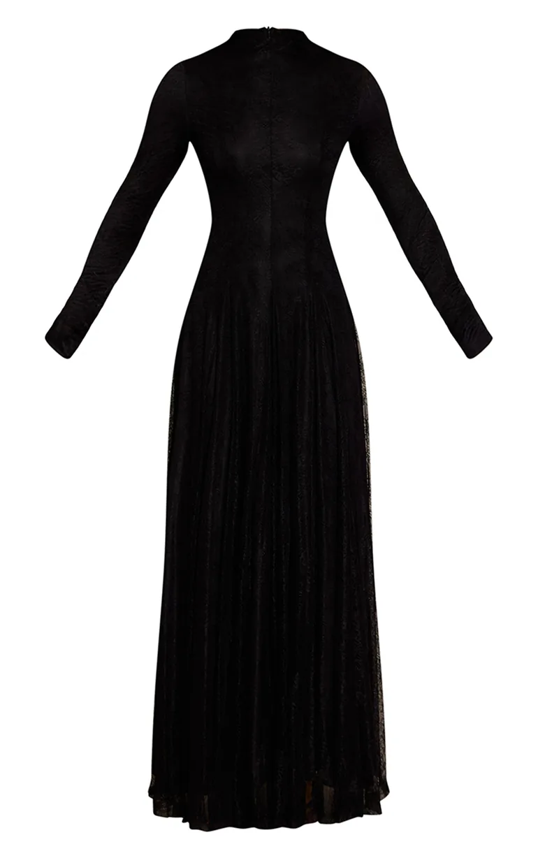 Black Lace Boat Neck Long Sleeve Godet Maxi Dress - 4