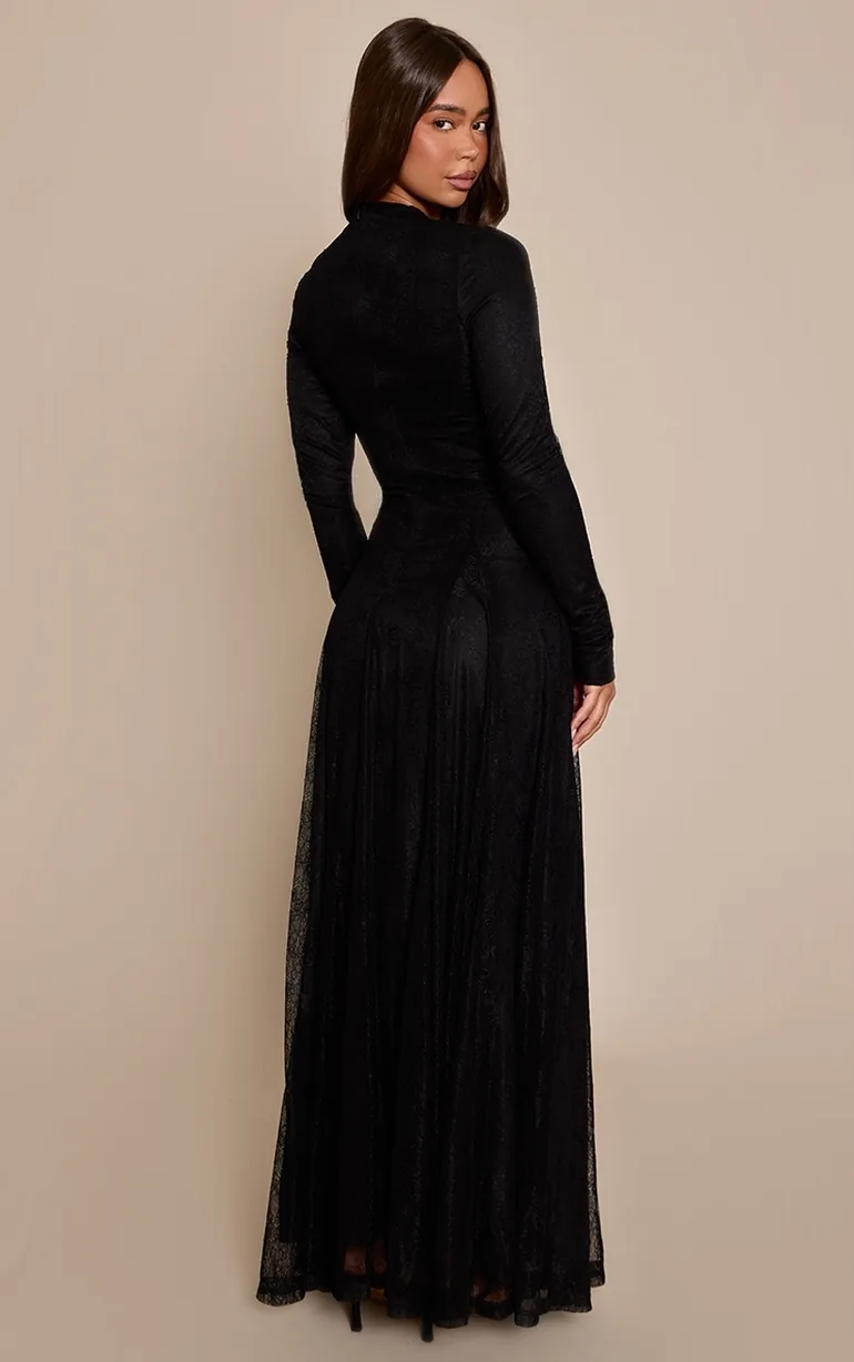 Black Lace Boat Neck Long Sleeve Godet Maxi Dress - 1