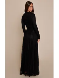 Black Lace Boat Neck Long Sleeve Godet Maxi Dress - 1