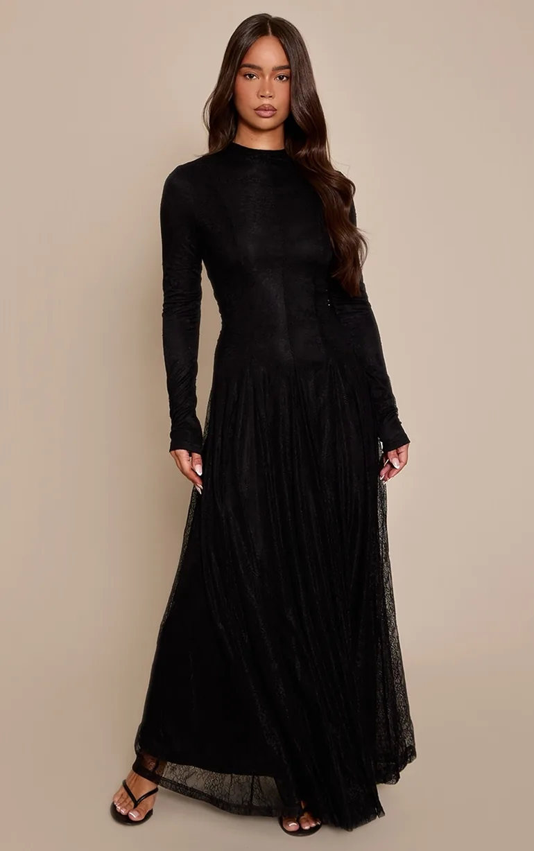 Black Lace Boat Neck Long Sleeve Godet Maxi Dress