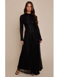 Black Lace Boat Neck Long Sleeve Godet Maxi Dress