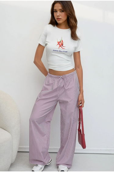 Elastic Waist Striped Cotton Pants