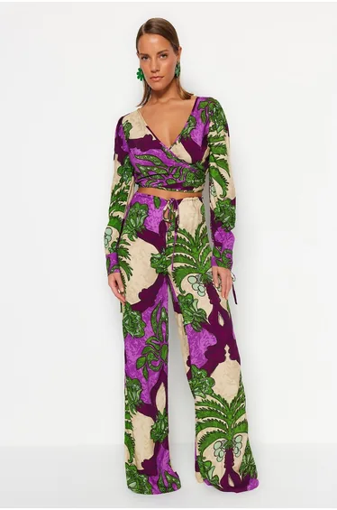 Tropical Patterned Woven Cut Out/Window Blouse Trouser Suit