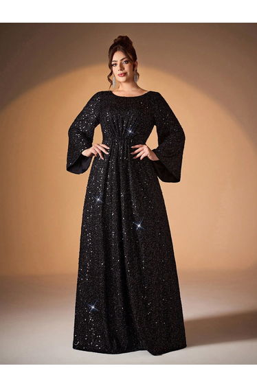 Leely Plus Women's Elegant Scoop Neck Flare Sleeve Sequins A-Line Dress
