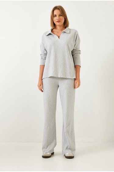 LUCCI Polo Collar Long Sleeve Two-Piece Coord Set with Wide Leg Pants