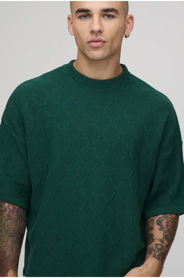 Boxy Fit Diamond Stitch Knitted T-Shirt - forest