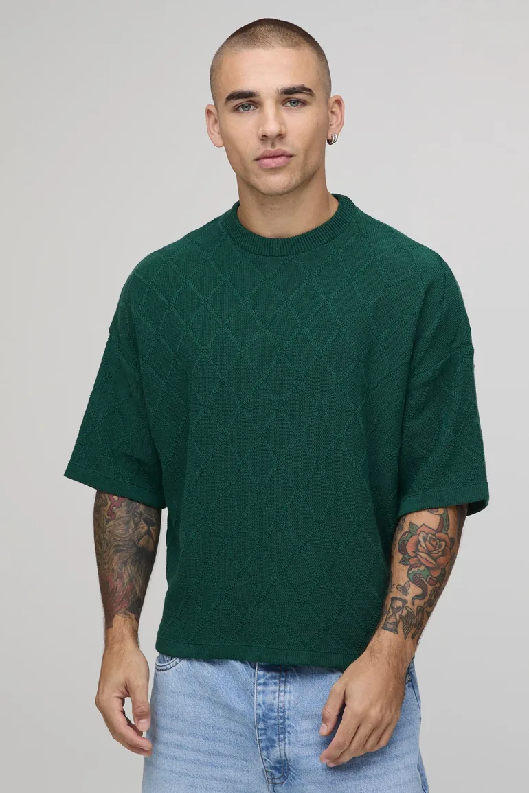 Boxy Fit Diamond Stitch Knitted T-Shirt - forest