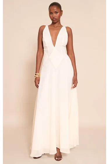 White Plunge Textured Detail Maxi Dress