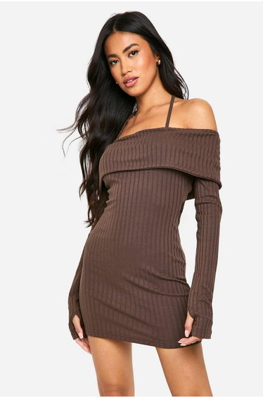 Wide Rib Bardot Tie Mini Dress