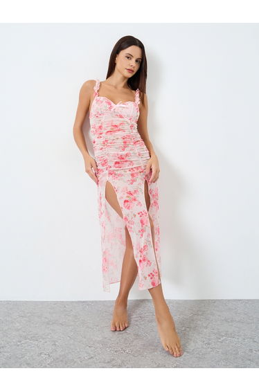 Floral Printed Flower Decoration Shoulder Straps Split Hem Sheer Babydoll