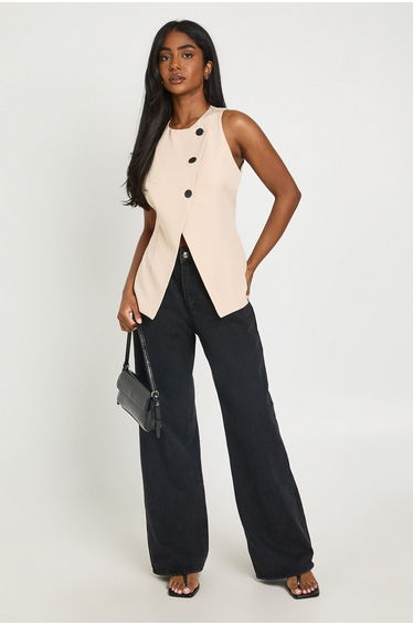 High Wrap Contrast Button Waistcoat - stone