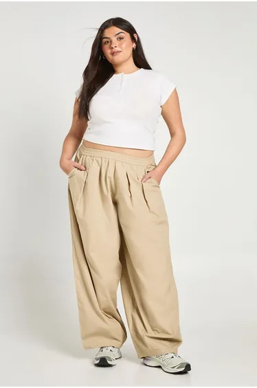 Plus Poplin Pleated Barrel Leg Trouser - stone