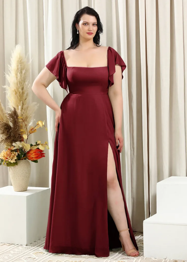 Square Neck Cap Sleeve A-line Long Chiffon Bridesmaid Dress Leely : Dresses  : VogaCloset Qatar