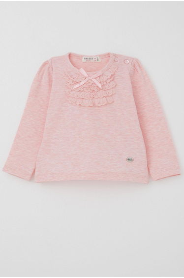 Baby Girl Long-Sleeved T-Shirt with Lace and Bow, Salmon Melange