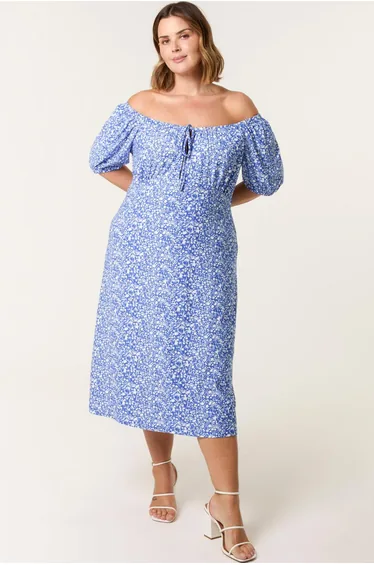 Curve Ditsy Print Milkmaid Stretch Crepe Midi Dress
