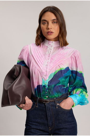 Silk Cotton Scenic Print Balloon Sleeve Woven Pintuck Blouse