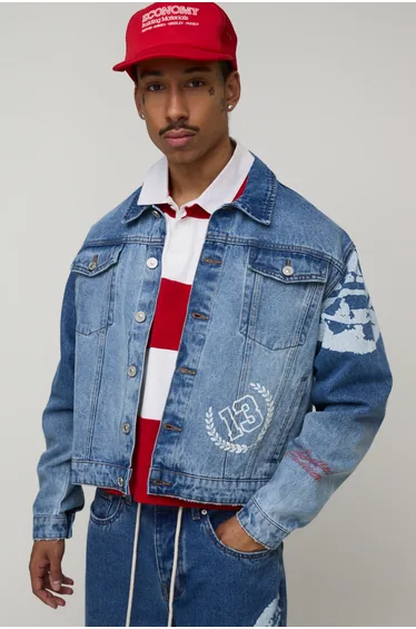 Oversized Fit Varsity Denim Jacket - light wash