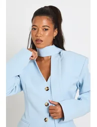 Scarf Detail Cinched Blazer - baby blue - 3
