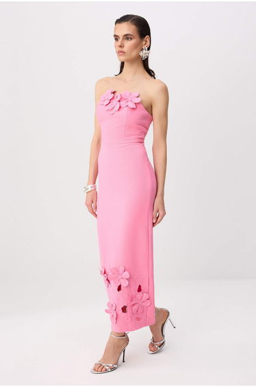 Light Pink 3D Flower Detailed Woven Maxi Unlined Dress