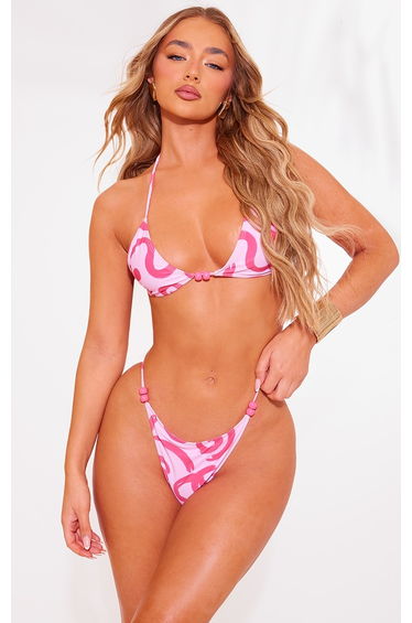 Pink Swirl Print Triangle Bead Detail Bikini Top