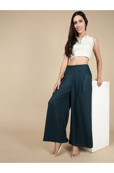 Dark Green Wide Leg Pants with Fold Pleat