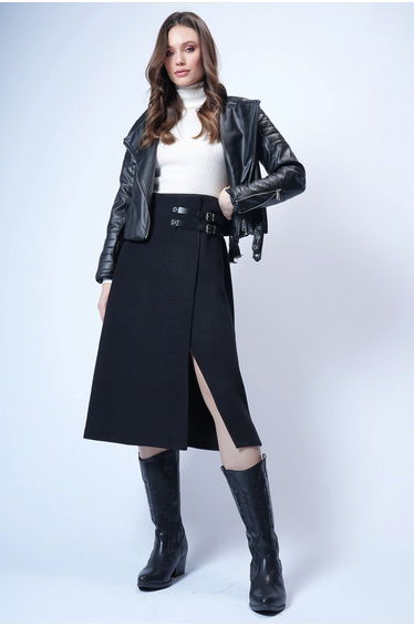 Women's Black Leather Belt Accessory Wrap Cut Midi Length Velvet Skirt