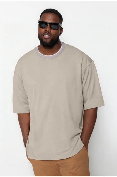 Big Size Stone Oversize/Wide Cut Knit Banded Textured Pique T-Shirt