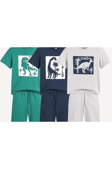 Cotton Pyjama Shorts, Pack of 3, Dinosaur Theme