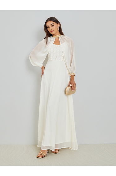 Off White Sequin Maxi Dress with Removable Cape