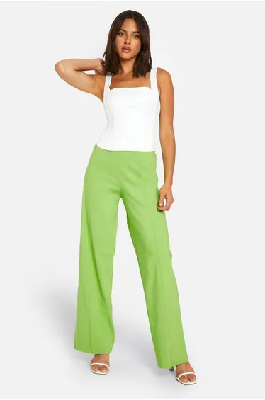 Super Stretch Seam Detail Wide Leg Trousers - lime