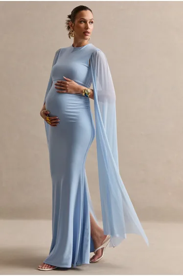 Calitheia | Light Blue Round-Neck Maternity Maxi Dress With Long Floaty Mesh Sleeves
