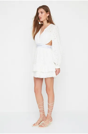 White A-Line Mini Skater Dress with Long Sleeves
