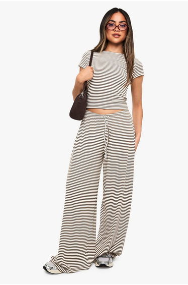Striped Mid Rise Wide Leg Trouser - stone