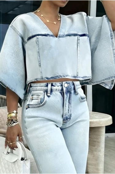 Batwing Sleeves Half Sleeves Contrast Color Split-Joint V-Neck Blouses&Shirts Tops