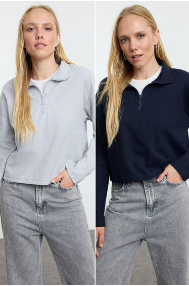 Navy Blue-Grey 2 Pack Selanik Regular/Normal Pattern Zipper Collar Knitted Sweatshirt