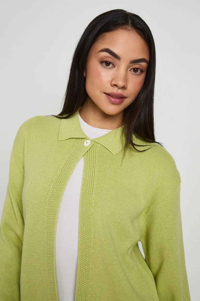 Knitted Collared Cardigan - sage - 3