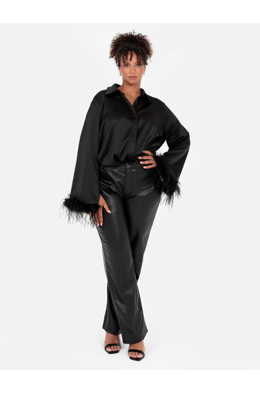 Lovedrobe Black Satin Shirt with Feather Cuffs