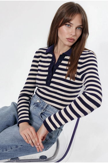 Striped Crew Neck Sweater with Button Detail