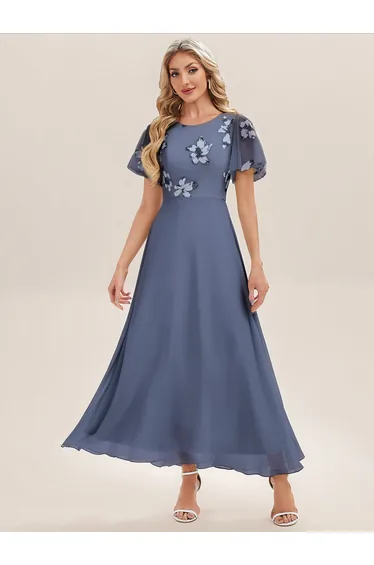 Ruffle sleeves round neck sequined chiffon slim fit evening dress