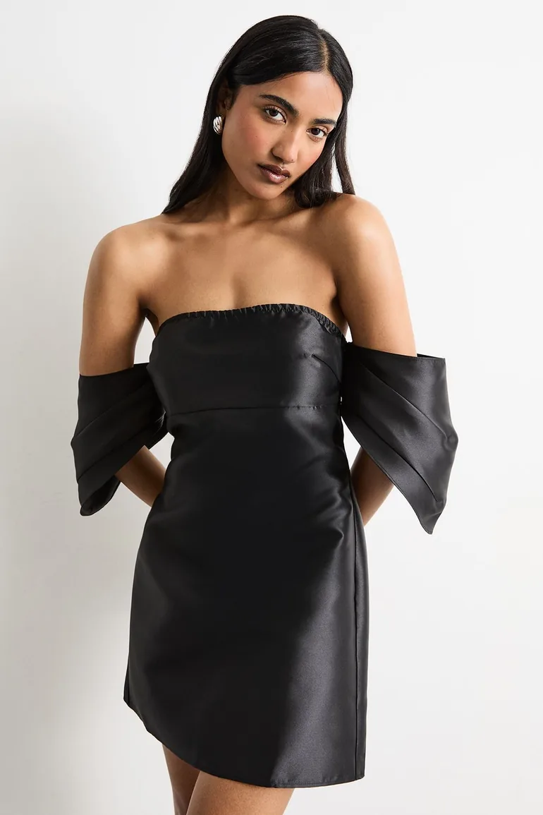 Structured Puff Sleeve Bardot Mini Dress - 1