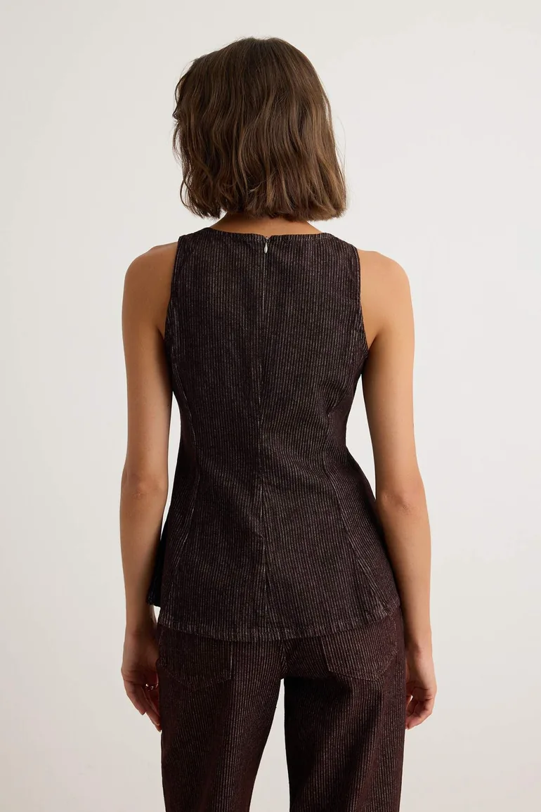 Brown Striped Peplum Denim Blouse - 3
