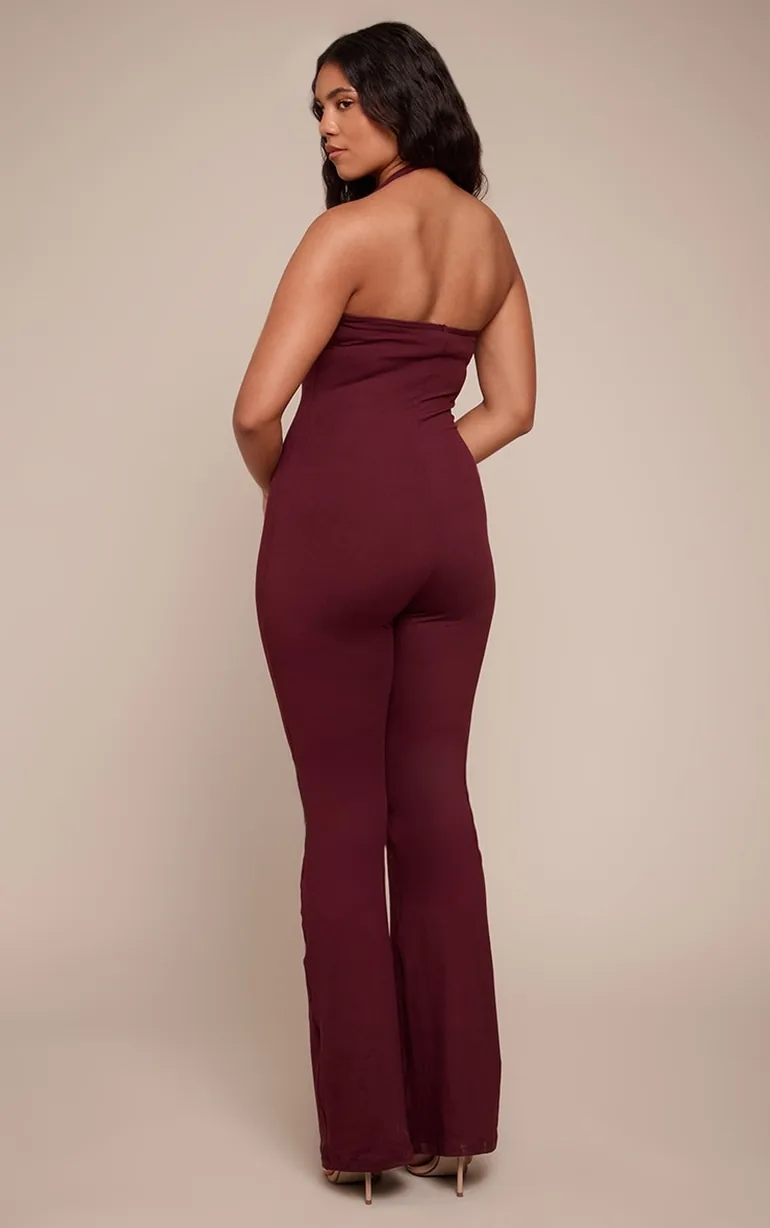 Shape Burgundy Sculpt Halter Neck Flare Jumpsuit - 1