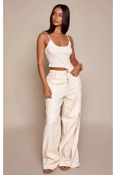 Petite Cream Scoop Neck Asymmetric Maxi Side Soft Touch Top