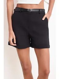 Black Belted Linen Look Short Shorts & Bermuda - 2