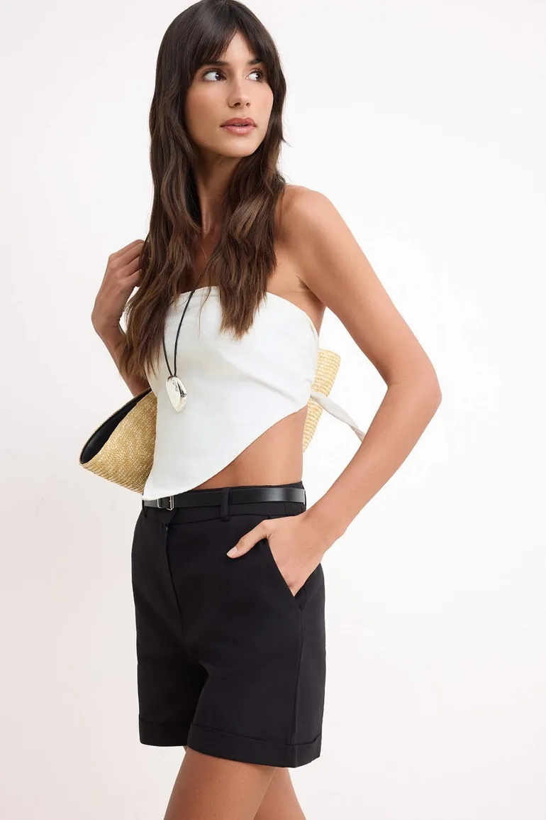 Black Belted Linen Look Short Shorts & Bermuda