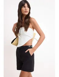 Black Belted Linen Look Short Shorts & Bermuda
