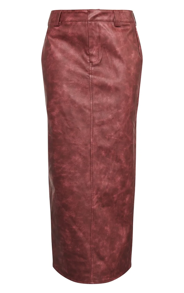 Cherry Red Washed Faux Leather Maxi Skirt - 4