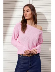 Pink Textured Boat Neck Knitwear Sweater - 1